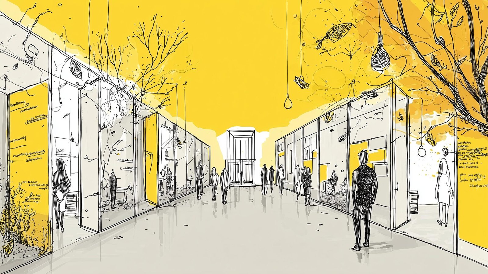 Couloir minimaliste au lever, panneaux de verre gravés et serveur monolithique au fond