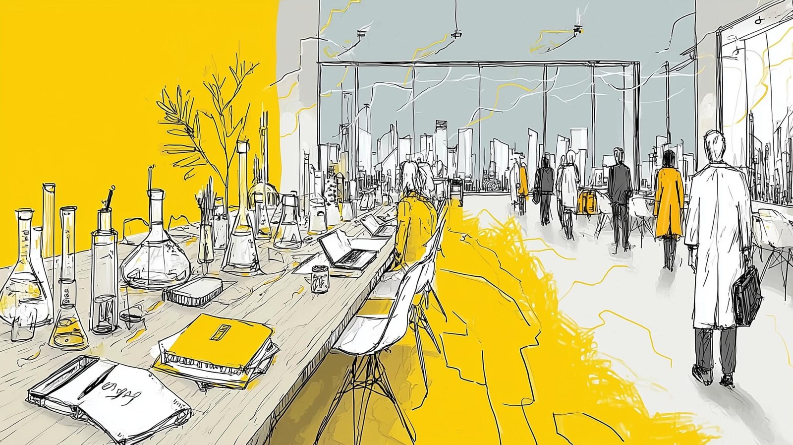 Table longue transition laboratoire vers table de conférence, silhouettes de délégués.