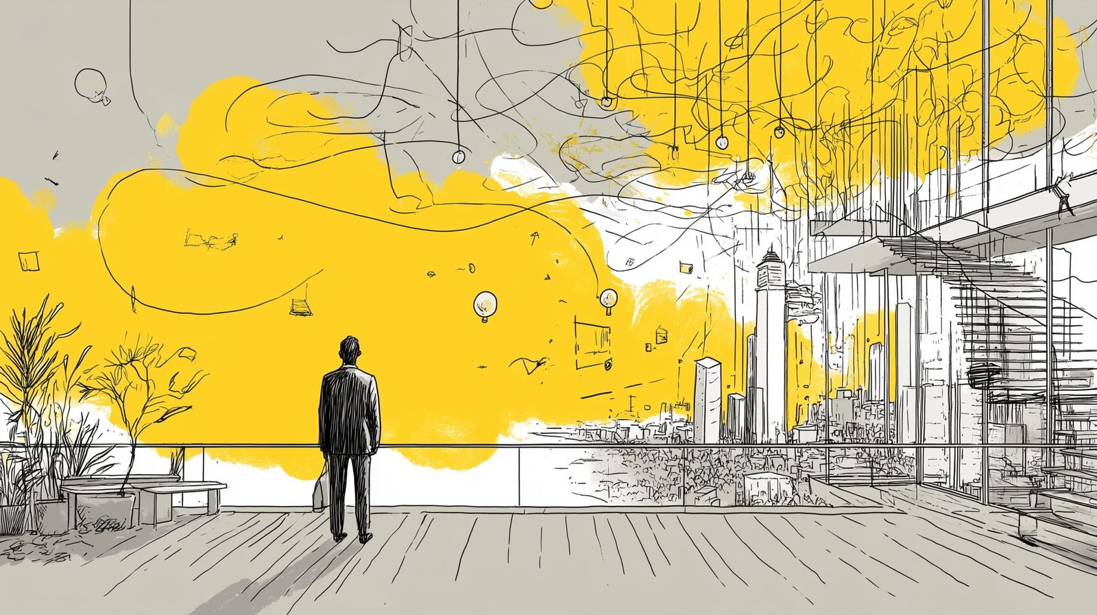 Silhouette d'un dirigeant observant une ville qui se transforme en rubans lumineux