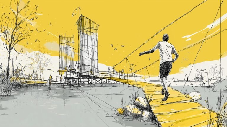 Personne silhouettée posant une pierre pour un pont, tours vitrées floues en arrière-plan