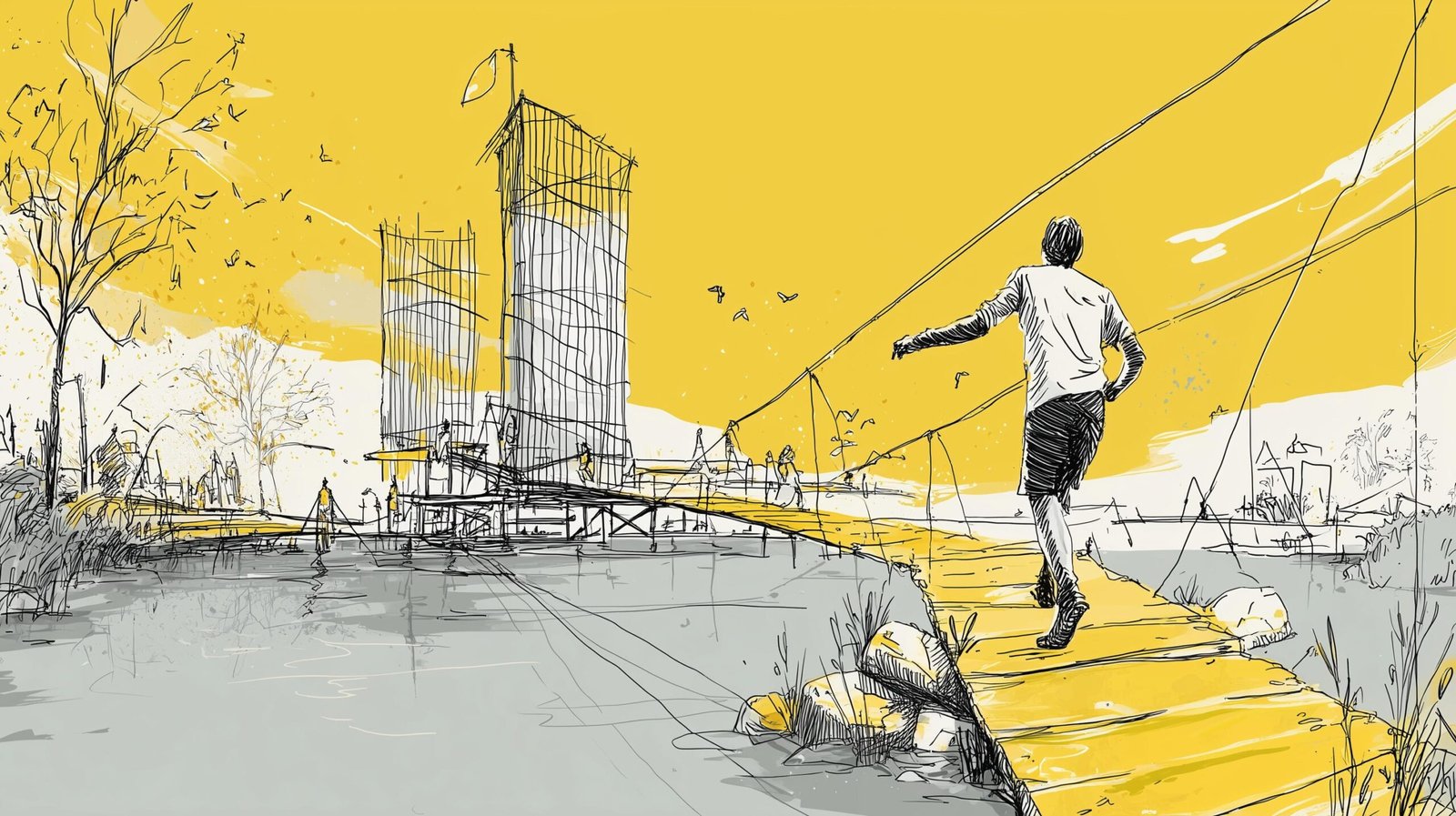 Personne silhouettée posant une pierre pour un pont, tours vitrées floues en arrière-plan