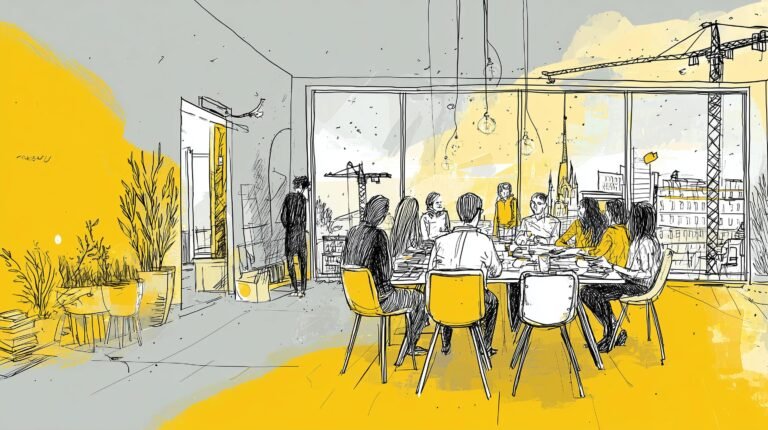 Équipe d'ingénieurs autour d'un moteur modulaire lumineux en loft industriel