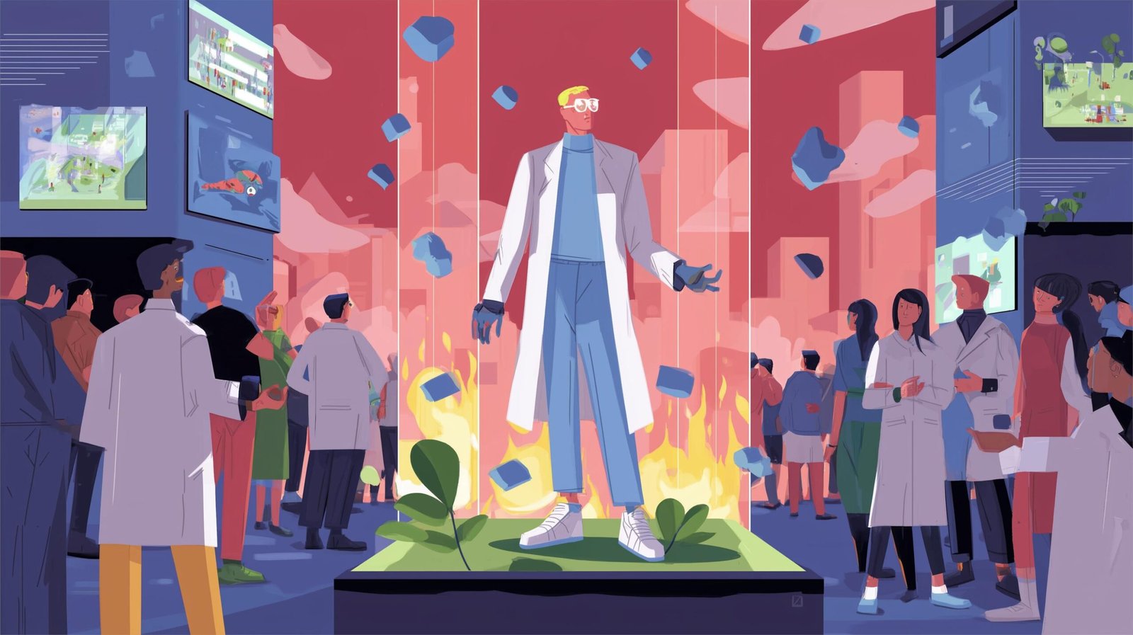 Entité humanoïde présente ville holographique fissurée dans laboratoire nocturne, chercheurs inquiets, jeune pousse verte