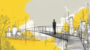 Silhouette contemplative sur passerelle vitrée reliant laboratoire lumineux à skyline de tours produits connectées