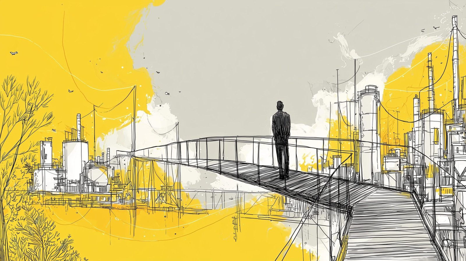 Silhouette contemplative sur passerelle vitrée reliant laboratoire lumineux à skyline de tours produits connectées