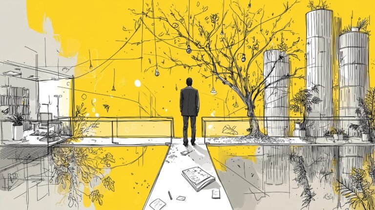 Silhouette sur pont de verre entre atelier lumineux et tours de serveurs sombres