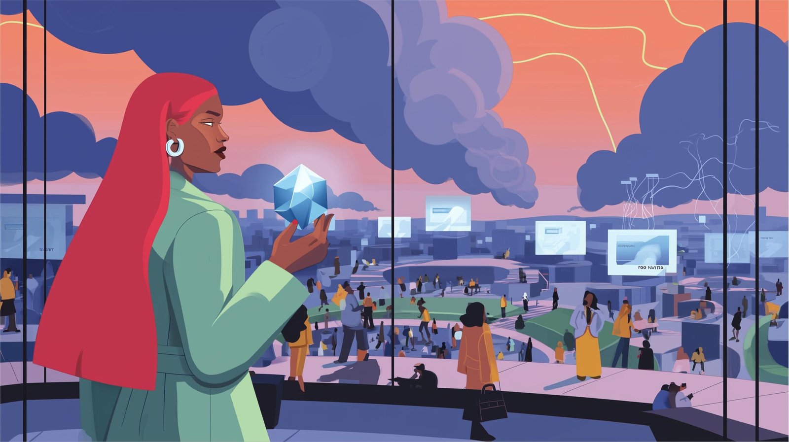 Dirigeante tenant un cristal lumineux à quatre facettes sur toit vitré, ville intelligente au crépuscule