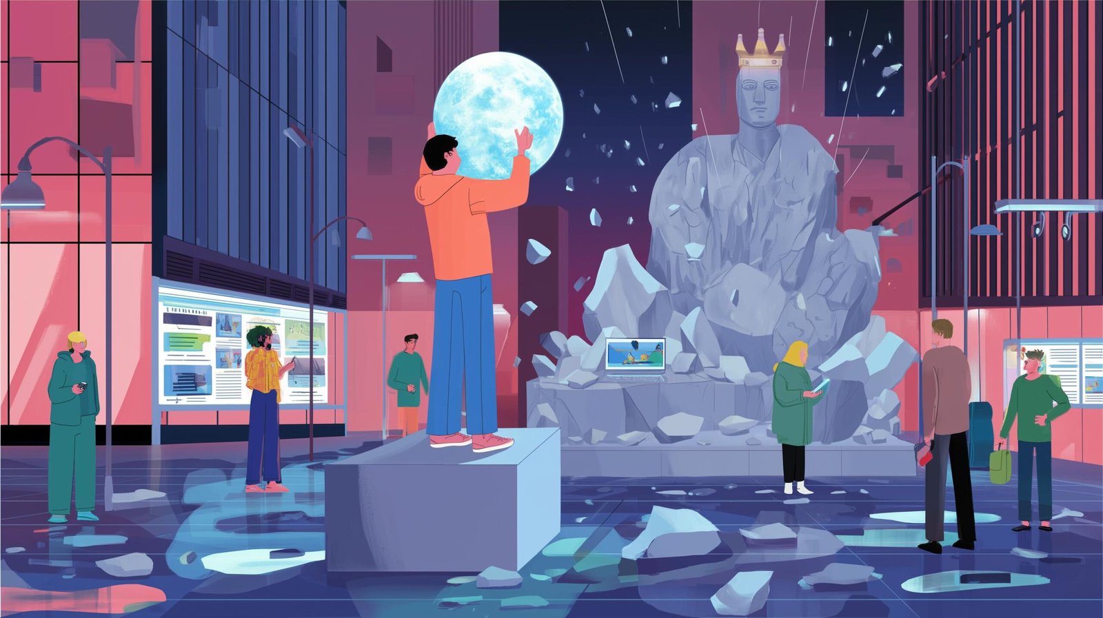 Ingénieur jeune portant une orbe lumineuse devant une statue monarchique effondrée sous la pluie