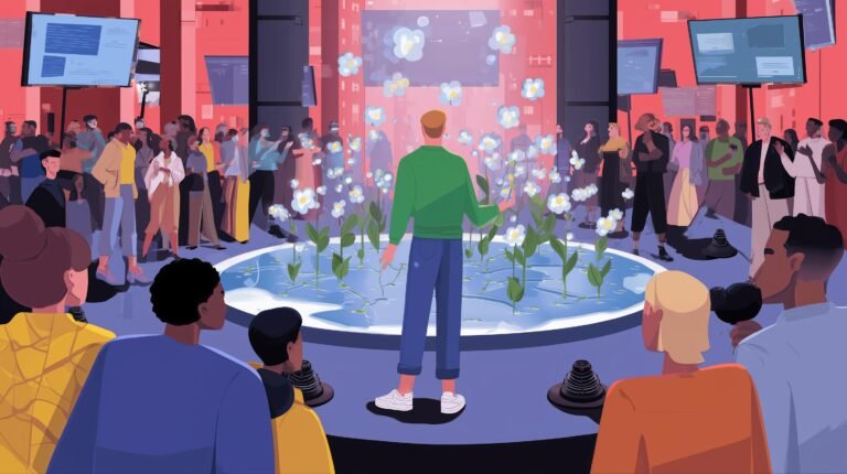 Directeur marketing sur scène, carte holographique fleurissante d'assistants robotiques, public attentif