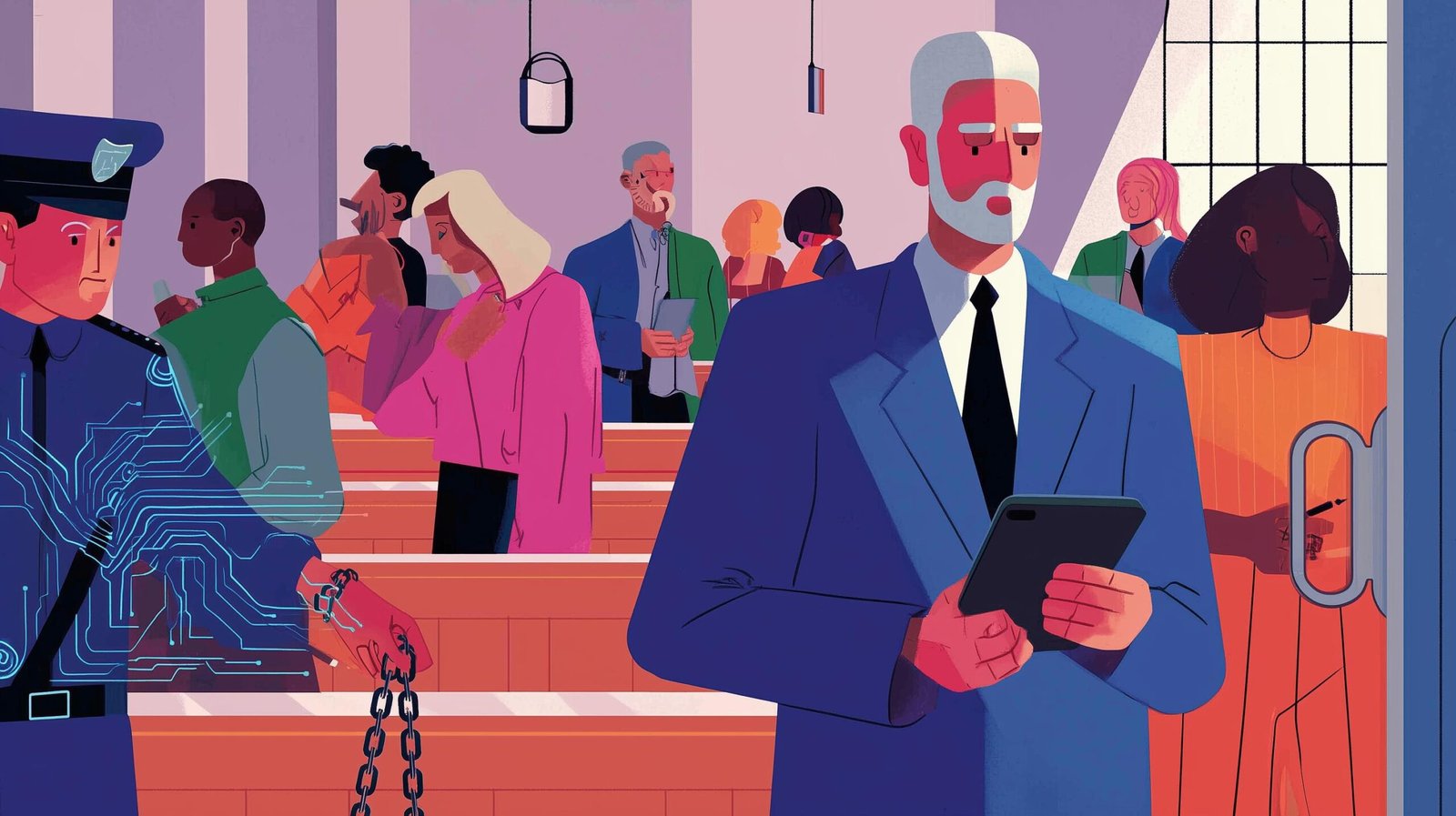 Législateur stoppe un hologramme technologique derrière une vitre sécurisée au parlement