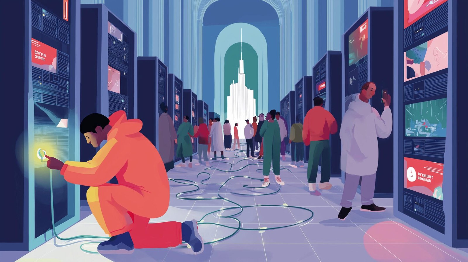 Ingénieur insère une puce lumineuse entre baies de serveurs, pont vers une ville