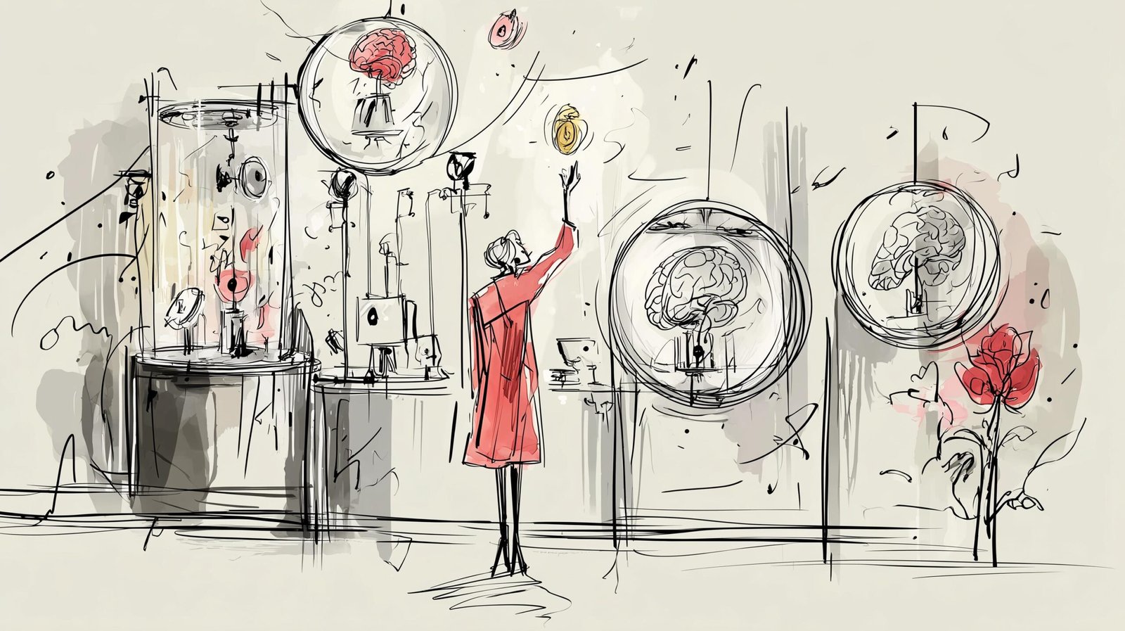 Utilisateur en imperméable montrant une pièce dorée à un coffre vitré aux orbes cérébrales lumineuses