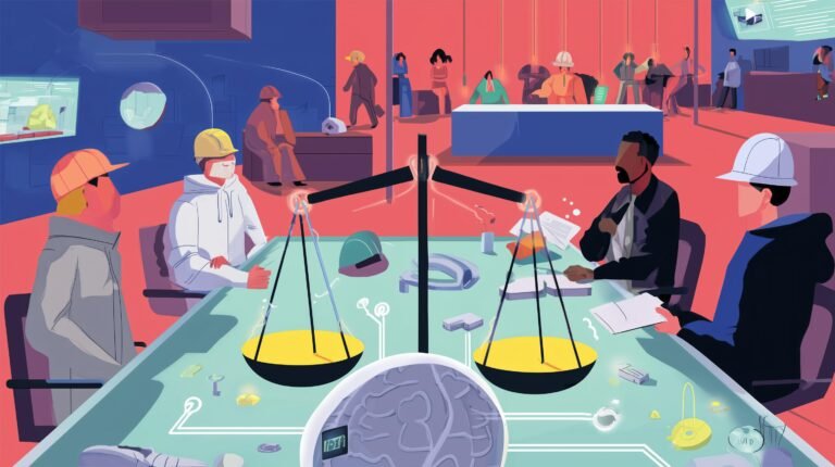 Délégation syndicale face à dirigeants, balance entre cerveau mécanique et casque ouvrier