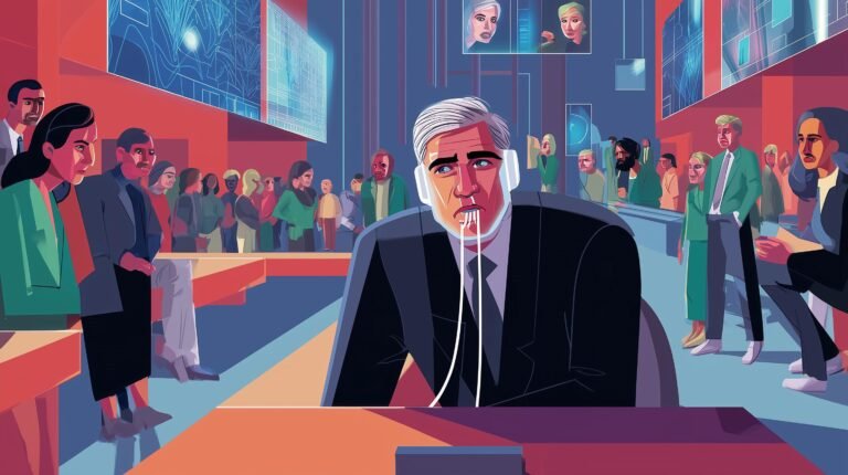 Homme fatigué murmurant devant machine produisant masques en porcelaine, salle d'audience éclairée