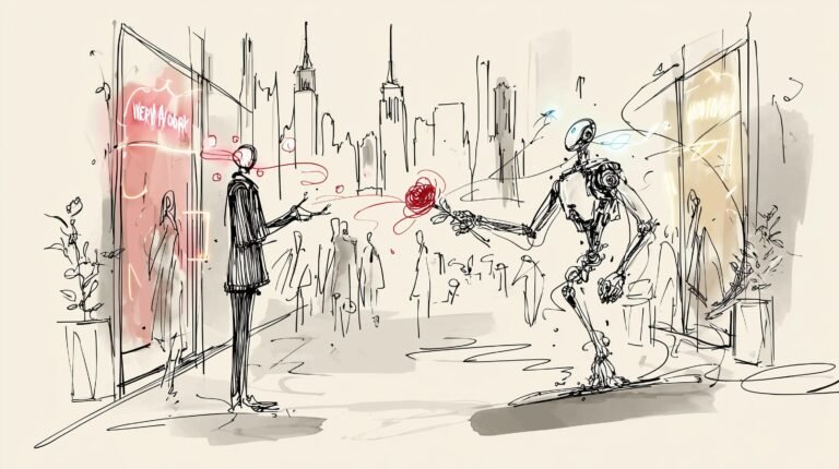 Directeur hésitant tend la main vers humanoïde translucide offrant un jeton bleu reliant Londres et New York