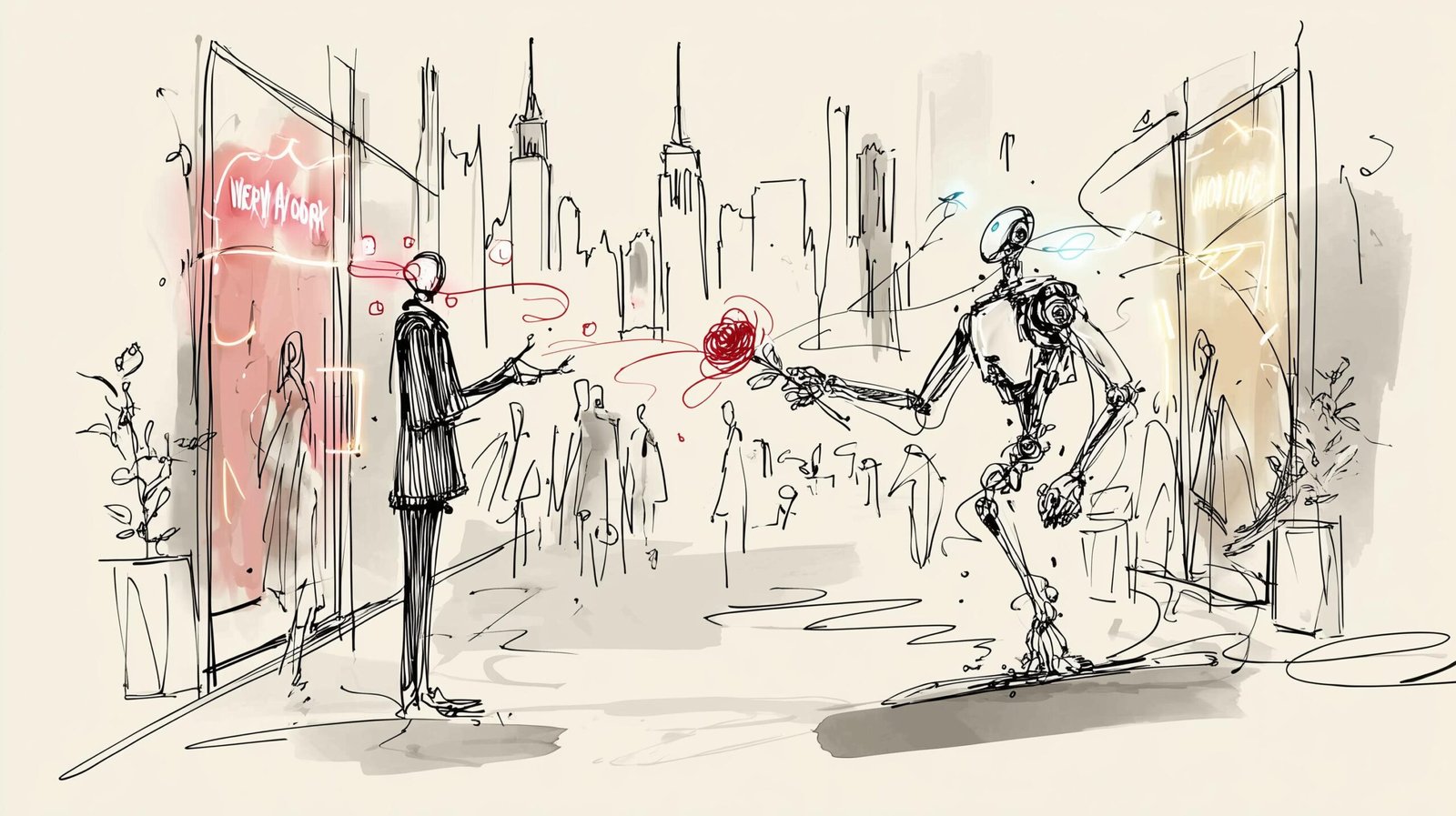 Directeur hésitant tend la main vers humanoïde translucide offrant un jeton bleu reliant Londres et New York