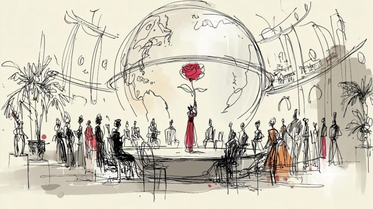 Dirigeante au centre d'une table-globe, délégués assemblant panneaux lumineux dans une salle vitrée