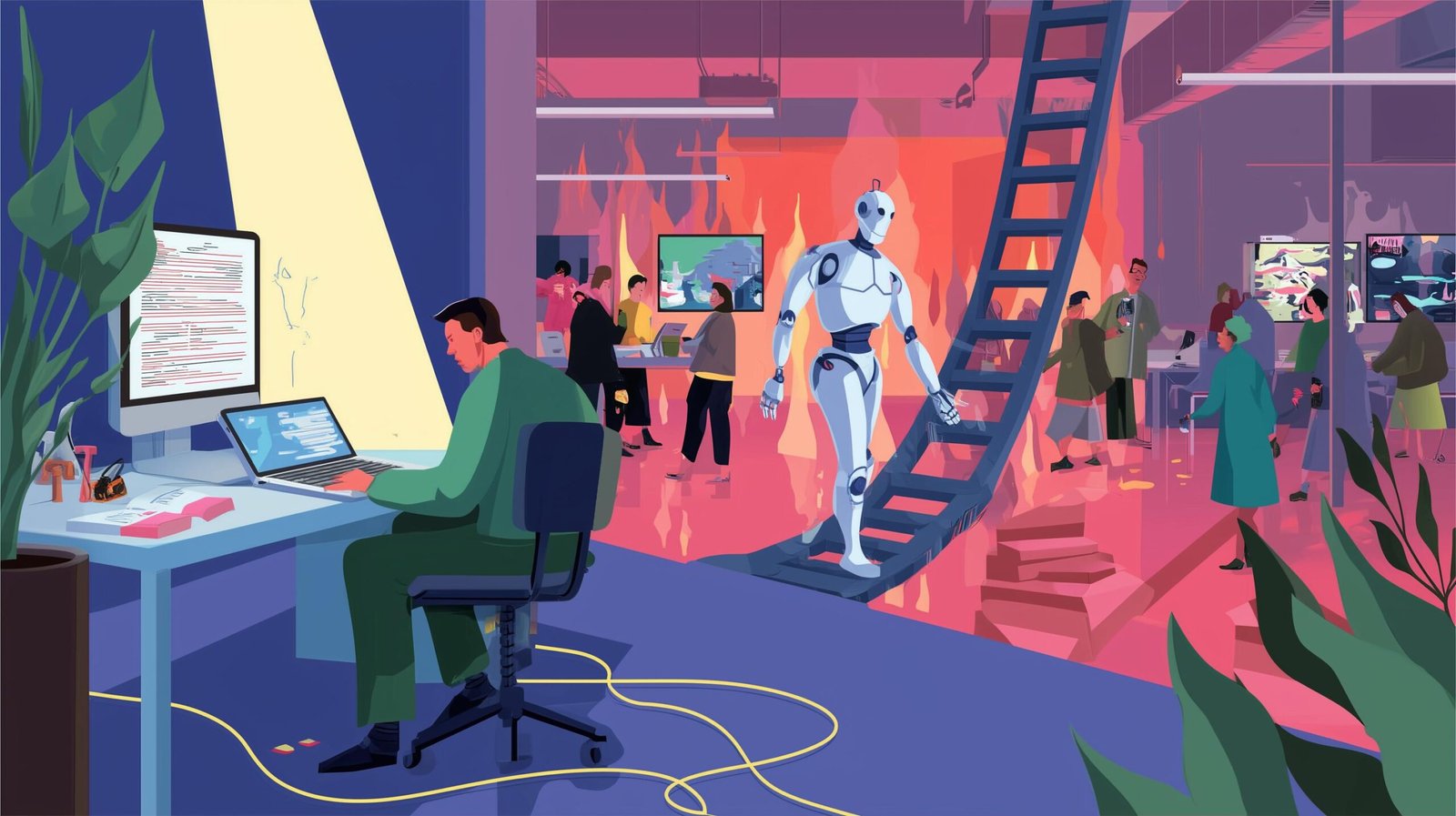 Travailleur inquiet face à un robot chrome tendant une échelle de code