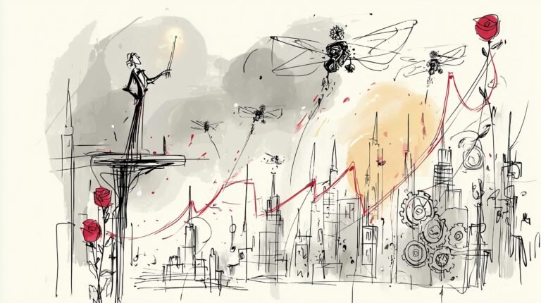 Chef d'orchestre dans tour en verre dirige drones assemblant puzzle lumineux formant graphique doré