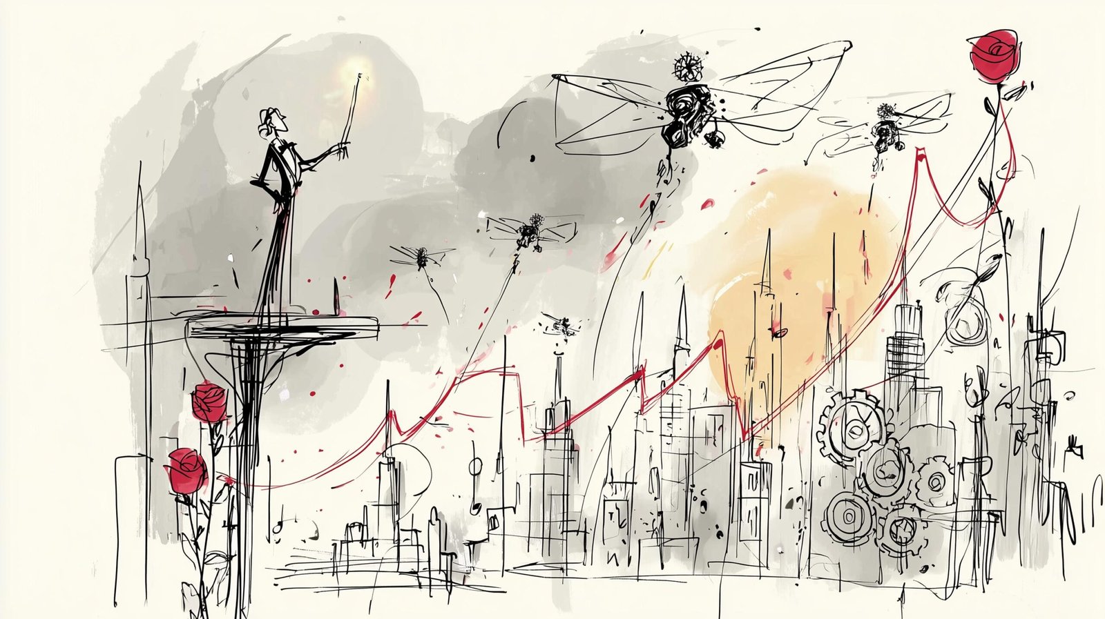 Chef d'orchestre dans tour en verre dirige drones assemblant puzzle lumineux formant graphique doré