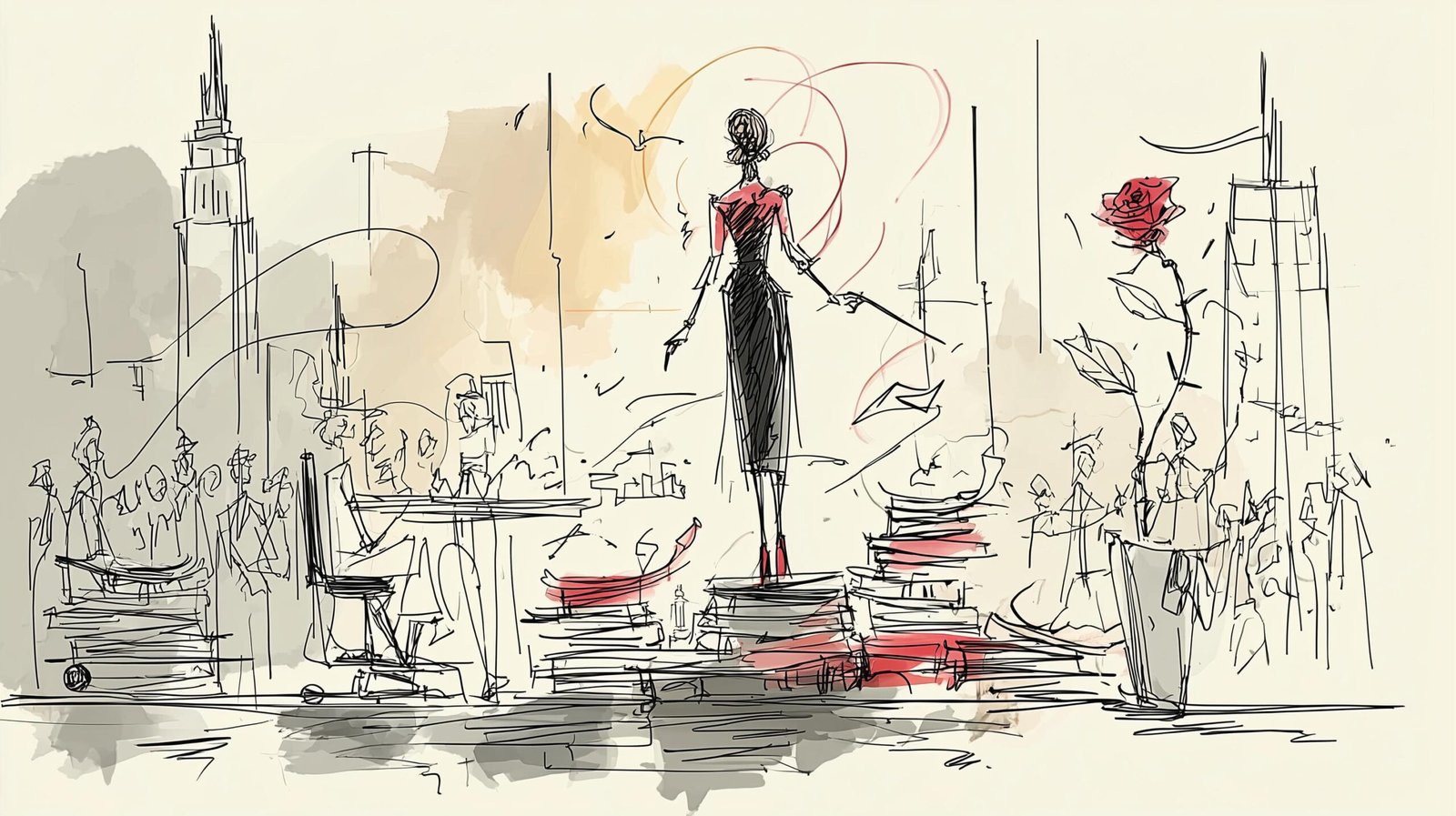 Femme d'affaires dirigeant des mains robotiques triant polices et maquettes de ville dans un bureau vitré