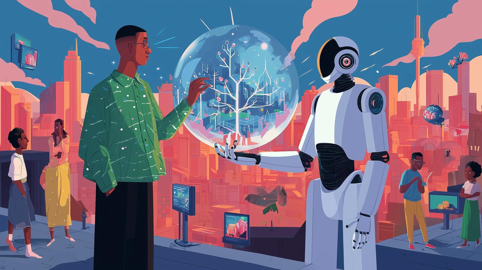 Ingénieur et robot sur toit au crépuscule, tenant orbe montrant villes et chemins lumineux