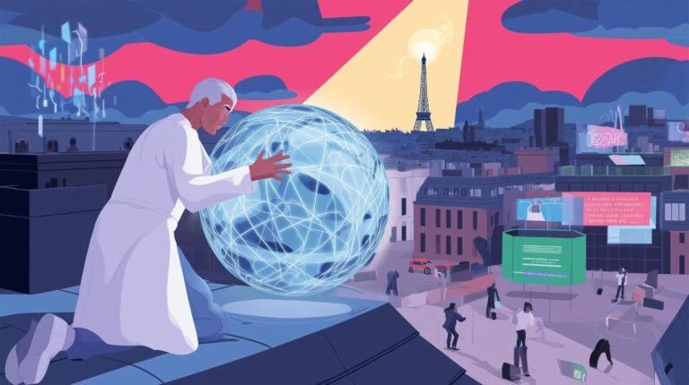 Scientifique sur toit parisien tenant globe holographique, Tour Eiffel en arrière-plan