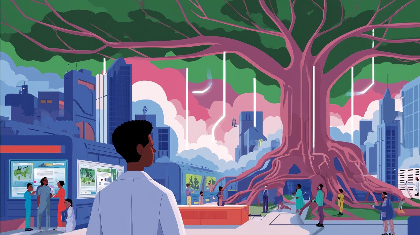 Jeune ingénieur indien sous banyan aux racines-circuits vers écoles et usines