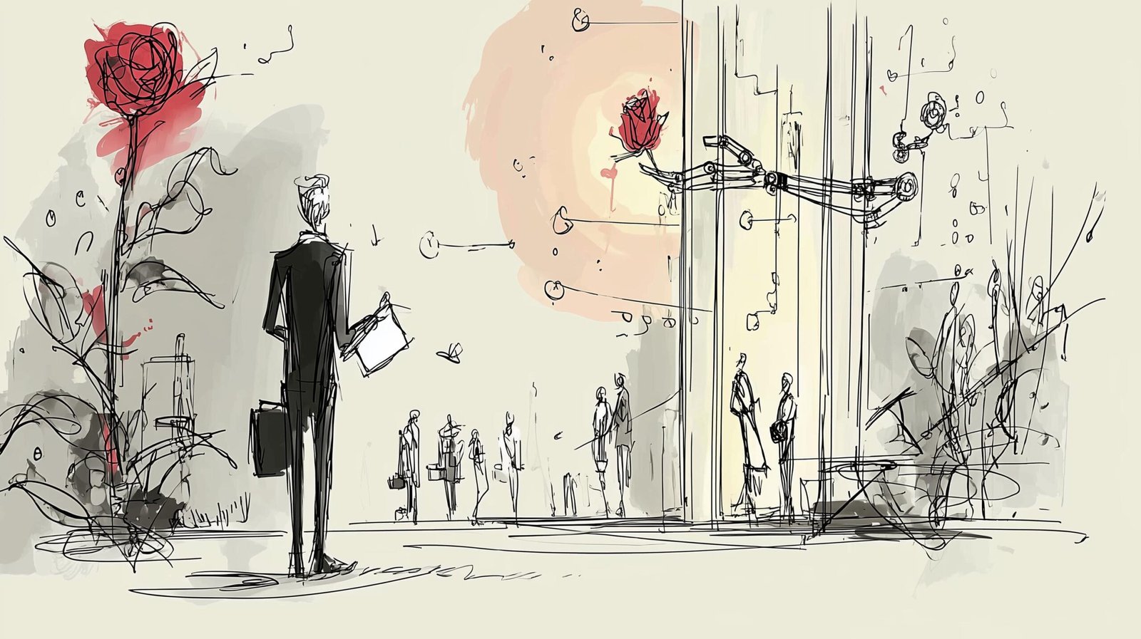 Consultant dans atrium devant ascenseur en verre, main robotique translucide tendue, lettre de promotion pliée