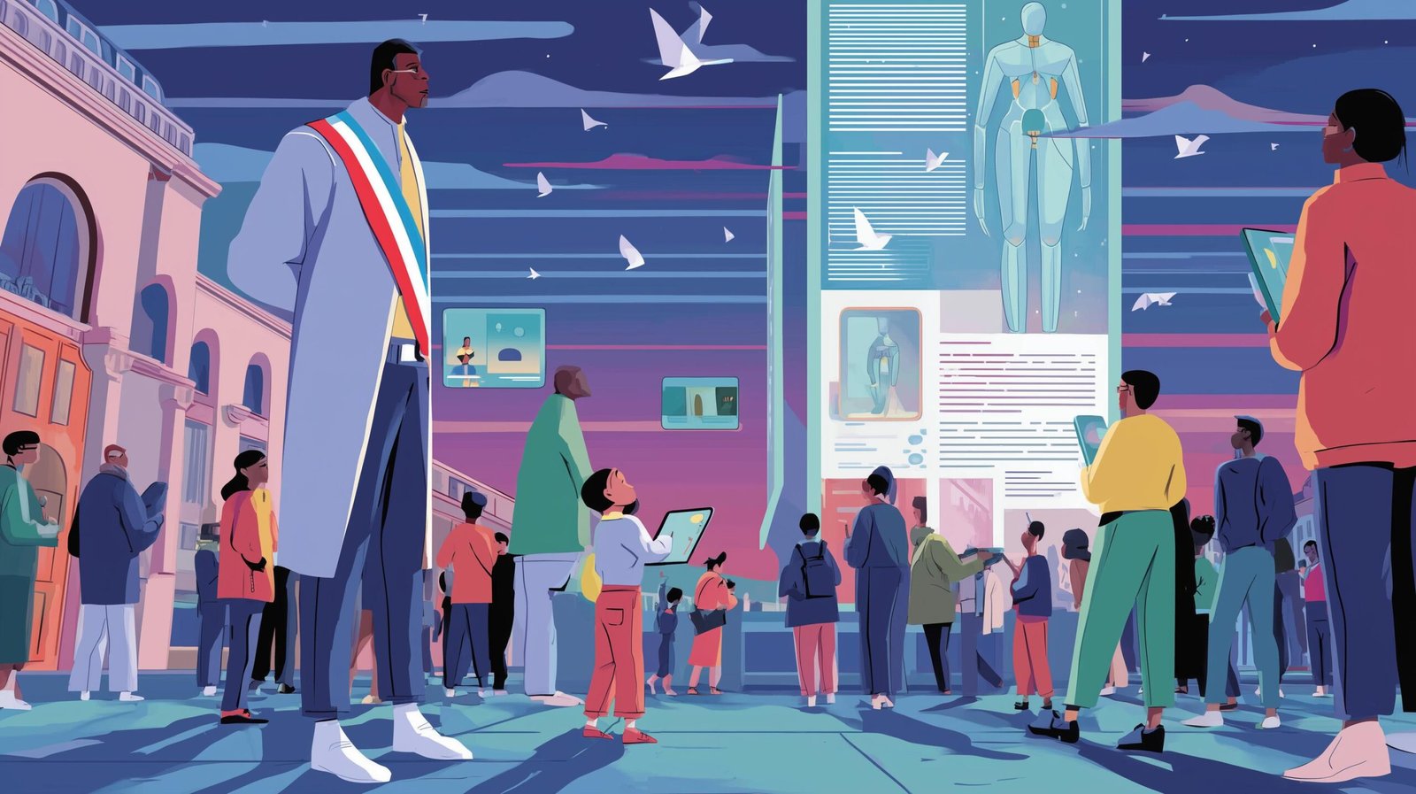 Régulateur à écharpe tricolore protégeant un enfant d'une entité de code translucide, bouclier en verre