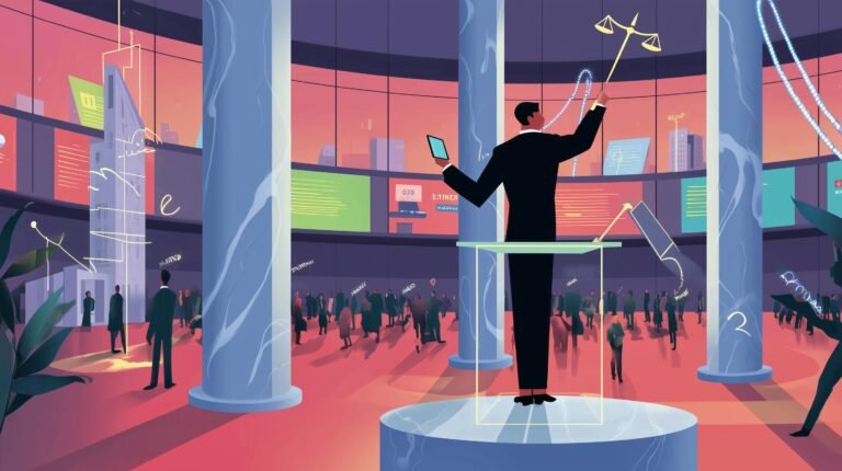 Chef d'orchestre sur podium de verre guidant flux lumineux formant gratte-ciels, piliers marbre et exécutif sombre