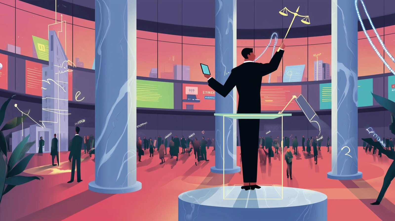 Chef d'orchestre sur podium de verre guidant flux lumineux formant gratte-ciels, piliers marbre et exécutif sombre