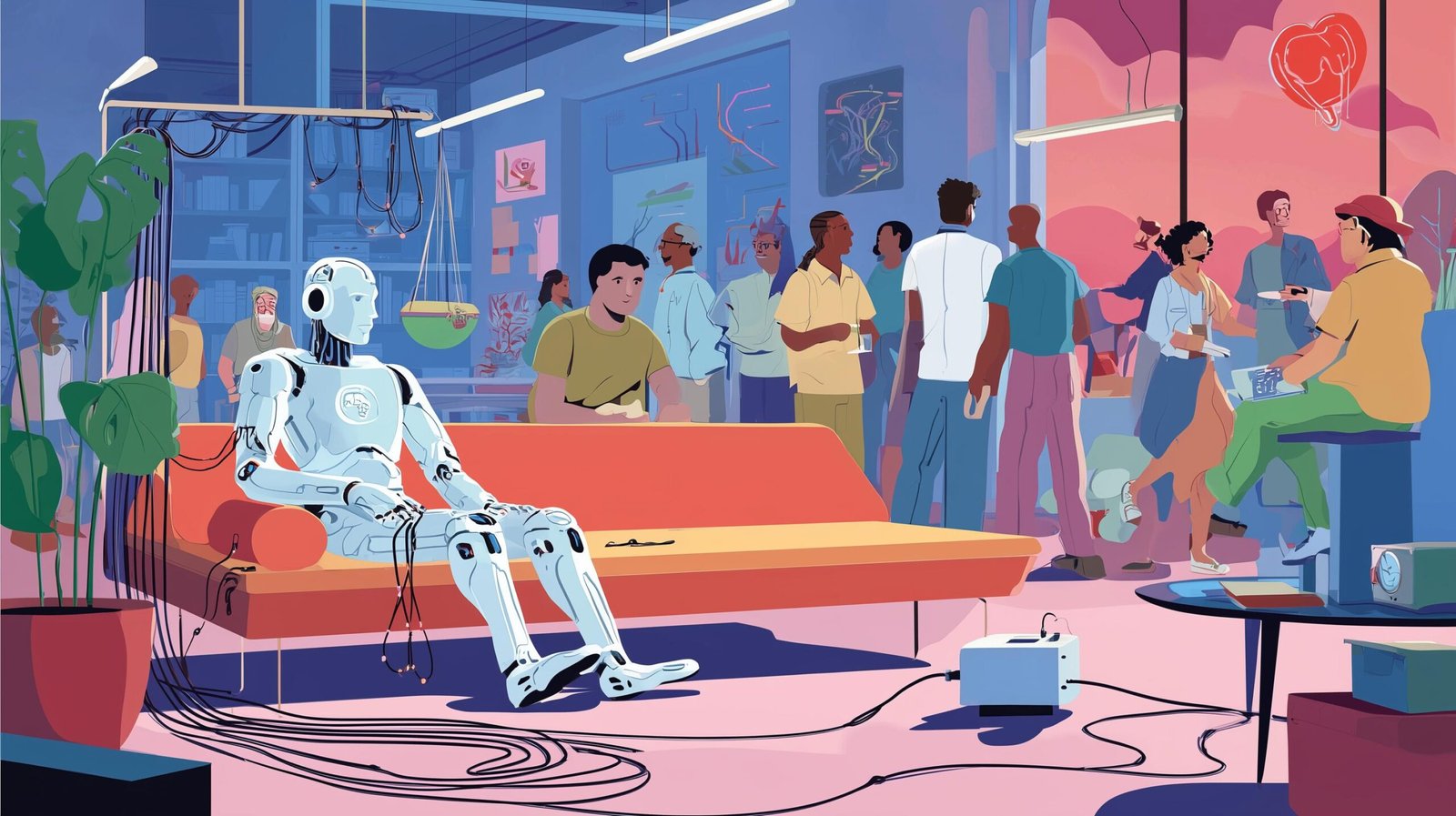 Patient seul sur canapé, figure translucide de circuits tendant un fil lumineux, décor mêlant cabinet et serveur