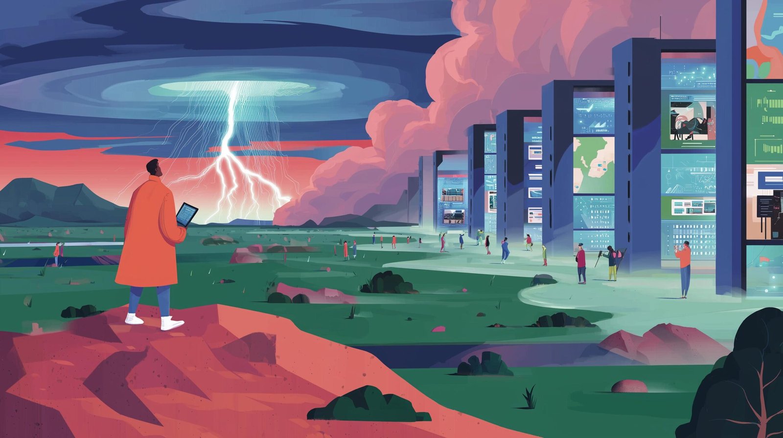 Ingénieur saffran branche un câble lumineux dans la terre, serveurs comme colonnes