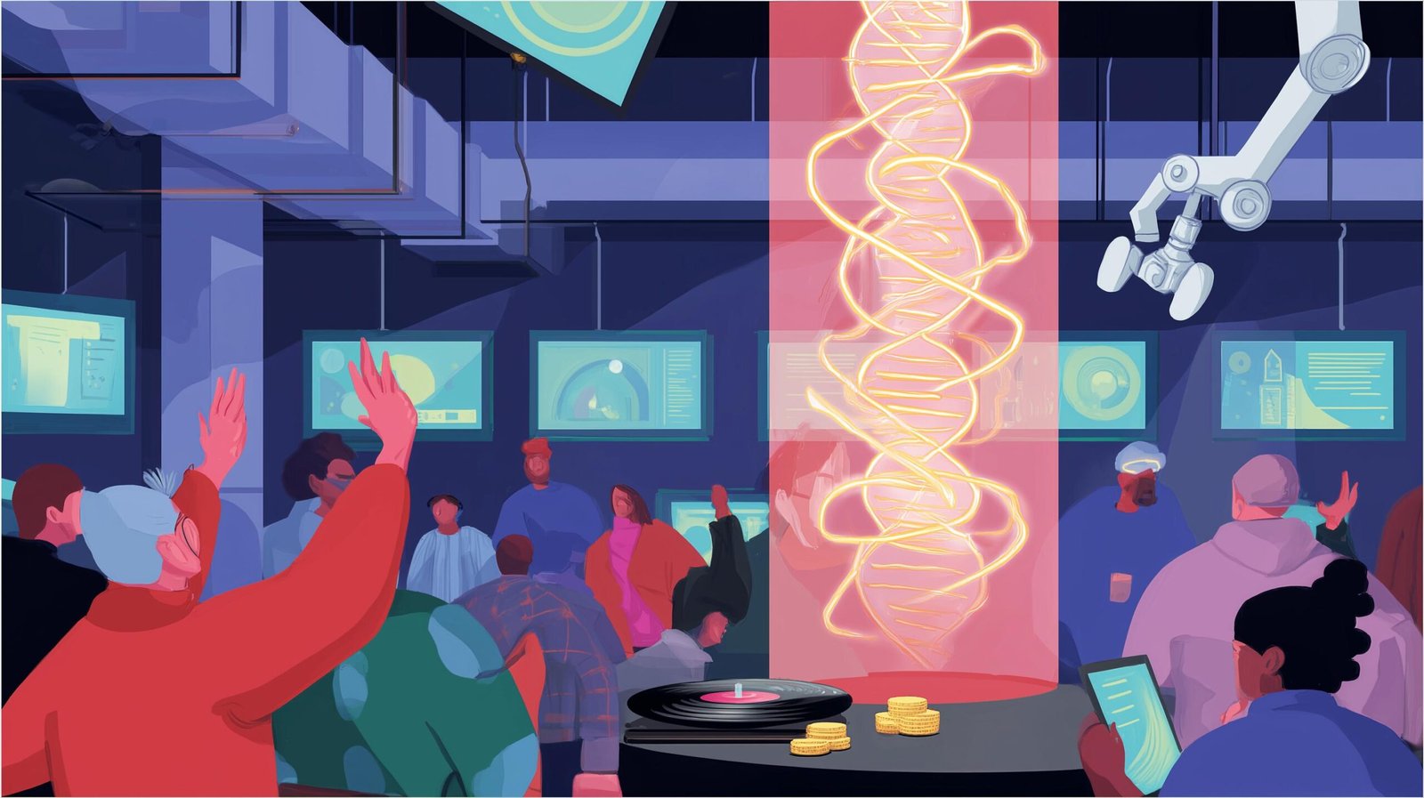 Compositeur fatigué tend la main vers une hélice ADN musicale lumineuse