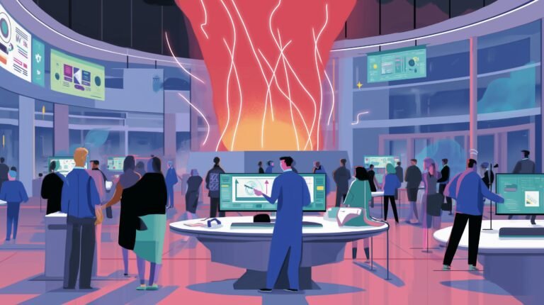 Ingénieur dirige des drones holographiques autour d'un coffre verrouillé, arcs lumineux et fils cramoisis