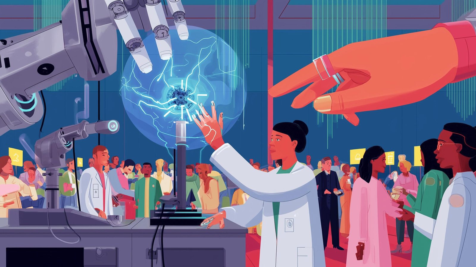 Ingénieure touchant la main métallique d'un robot sous un orbe lumineux dans une usine