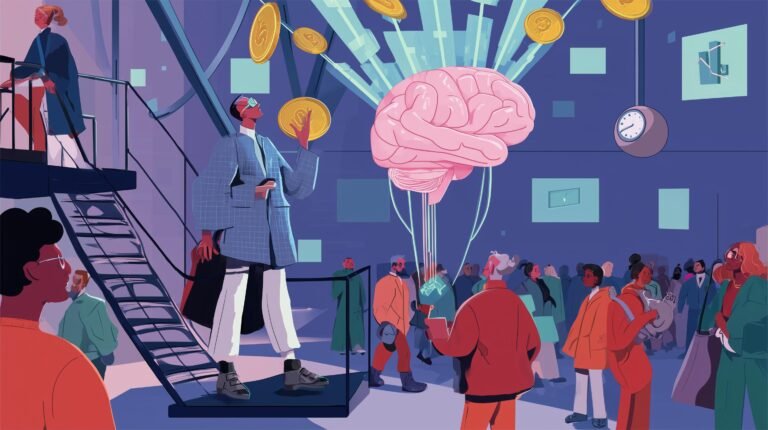 Ingénieur tenant un cerveau cristallin lumineux sur passerelle, pièces et montres pendantes