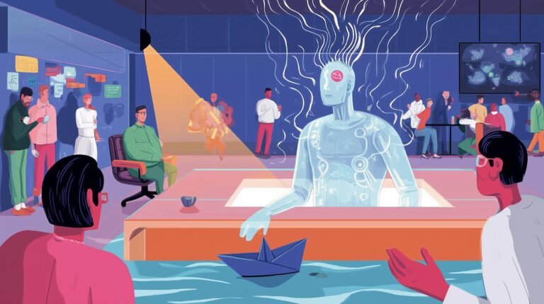 Enquêteur face à humanoïde translucide versant données en papier bateau