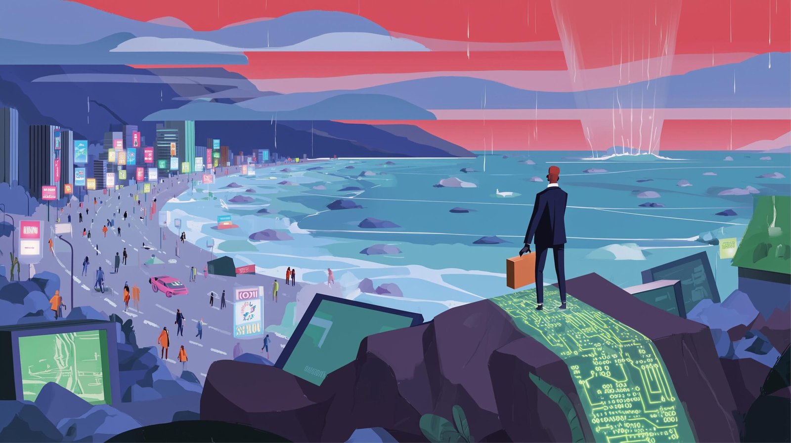 Investisseur ouvrant mallette vers mer d'or binaire, technopole indien lointain