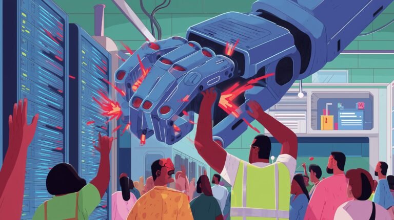 Ingénieur serre un cadenas lumineux sur une griffe robotique jaillissant d'une armoire serveurs.