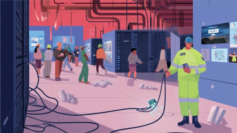 Ingénieur dans salle serveurs, fils de marionnette attachés à appareil autonome, un fil rompu et LED tombantes