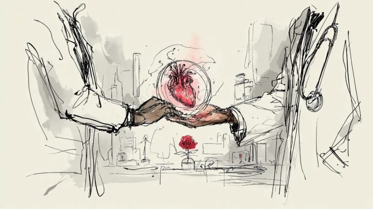 Médecin et entité holographique tiennent un cœur filaire lumineux de données dans un laboratoire clinique.