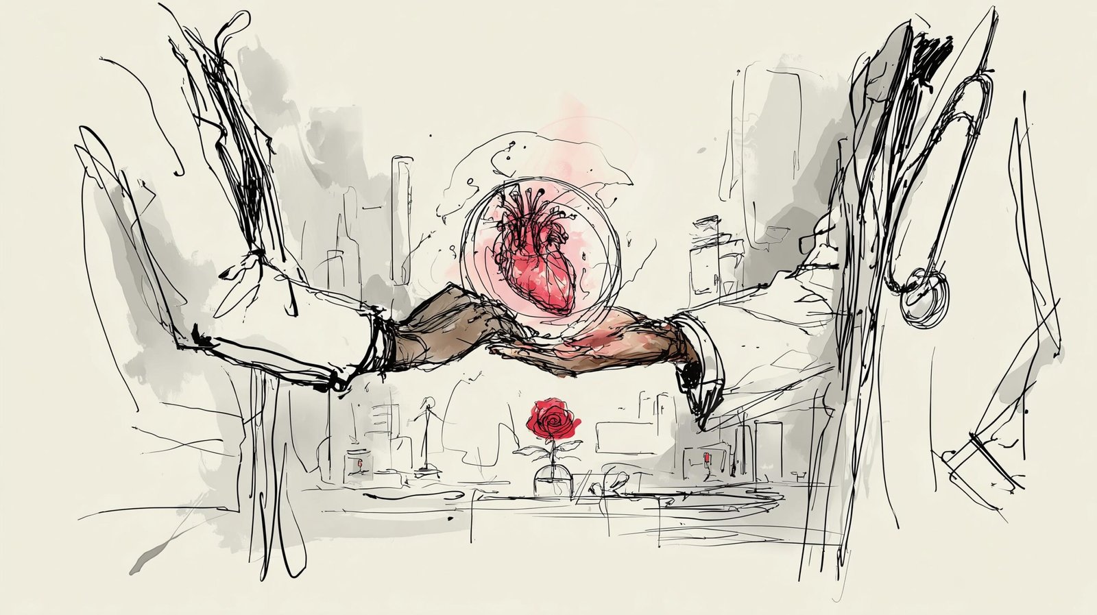 Médecin et entité holographique tiennent un cœur filaire lumineux de données dans un laboratoire clinique.