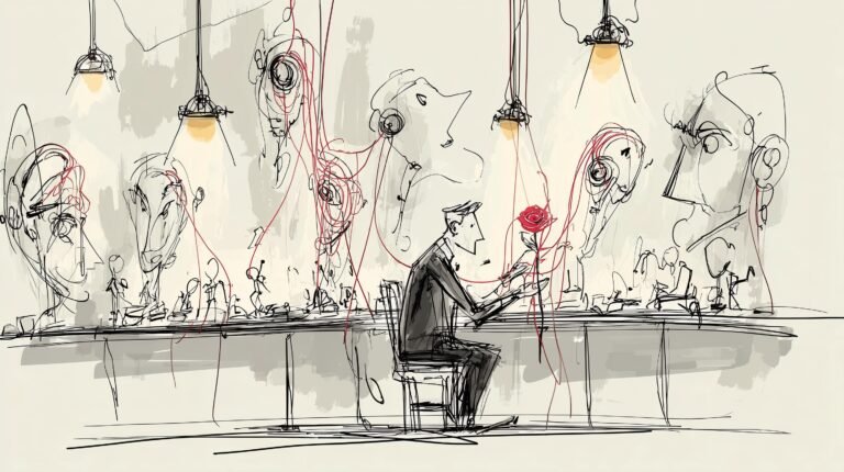 Marketeur sculpte masques translucides tandis qu'un cerveau flottant projette fils lumineux