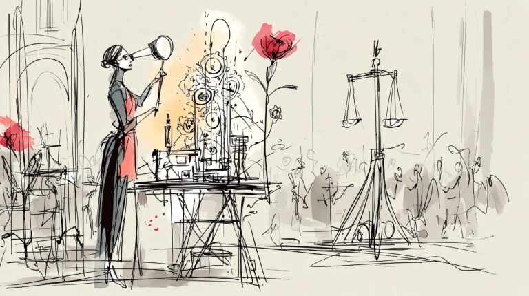 Inspectrice scrutant un cube transparent lumineux contenant un cerveau mécanique dans une salle vitrée au crépuscule