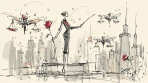 Régulatrice en tailleur dirige des drones translucides sur réseau holographique, ligne d'horizon nocturne et balance gravée