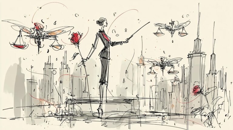 Régulatrice en tailleur dirige des drones translucides sur réseau holographique, ligne d'horizon nocturne et balance gravée