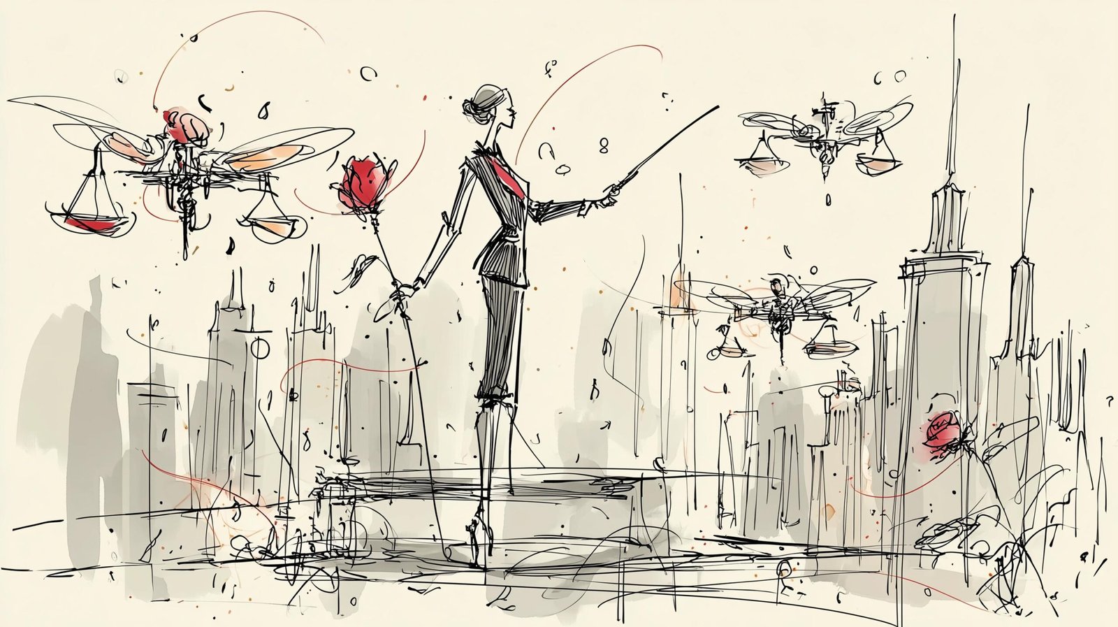 Régulatrice en tailleur dirige des drones translucides sur réseau holographique, ligne d'horizon nocturne et balance gravée