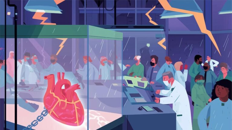 Ingénieur open-source tient un cœur translucide de code et chaînes brisées dans un laboratoire orageux